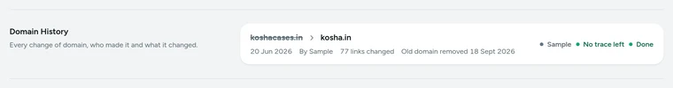 Domain History on Settings → Domains, with Kosha's sample change of domain, a demo store on Mercayo.