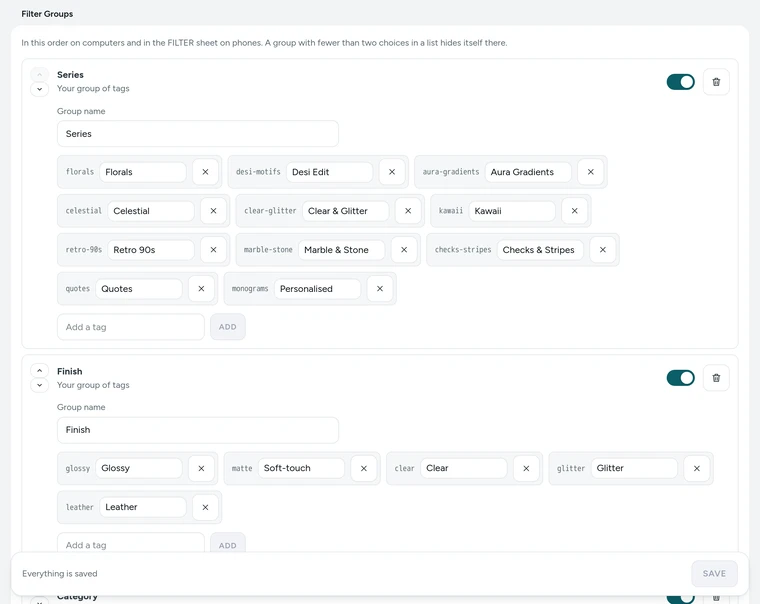 Filter Groups on the Product Filters screen, on Kosha, a demo store on Mercayo.