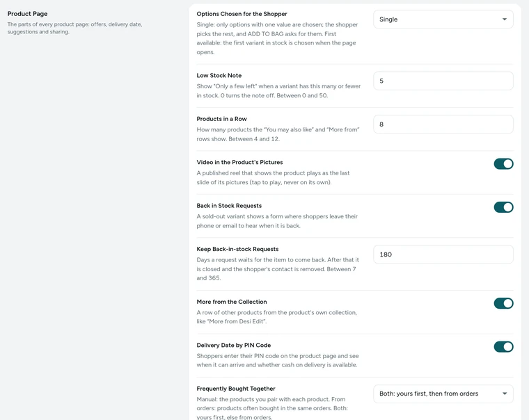 The Product Page card in Settings → Product Page, on Kosha, a demo store on Mercayo.