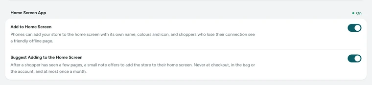 The Home Screen App card in Settings → Pixels, Cookies and App, on Kosha, a demo store on Mercayo.