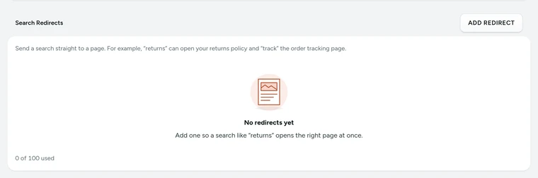 Search Redirects on Settings → Search, on Kosha, a demo store on Mercayo.