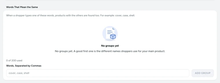 Words That Mean the Same on Settings → Search, on Kosha, a demo store on Mercayo.