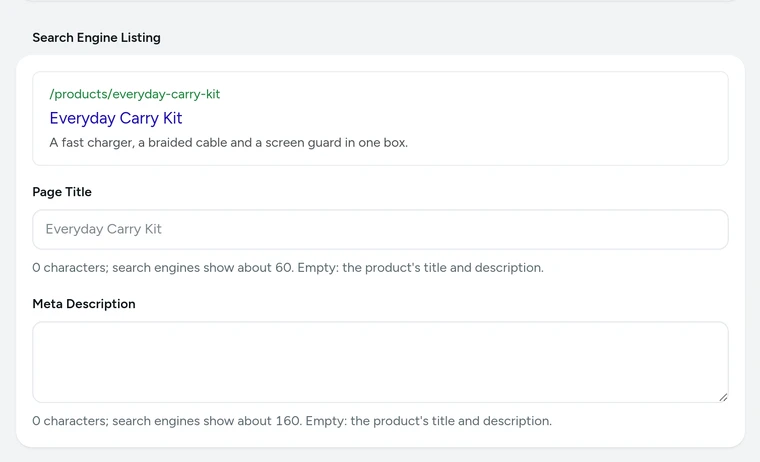 The Search Engine Listing of a product in the product editor, with its preview, on Kosha, a demo store on Mercayo.