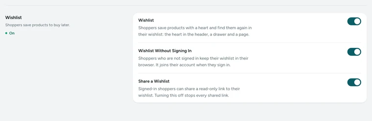 The Wishlist card in Settings → Bag and Wishlist, on Kosha, a demo store on Mercayo.