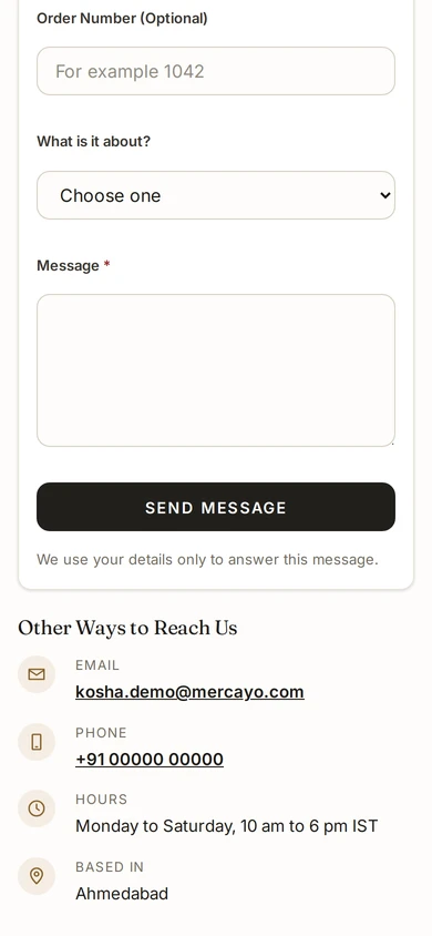 The contact form on the Contact page of Kosha, a demo store on Mercayo.