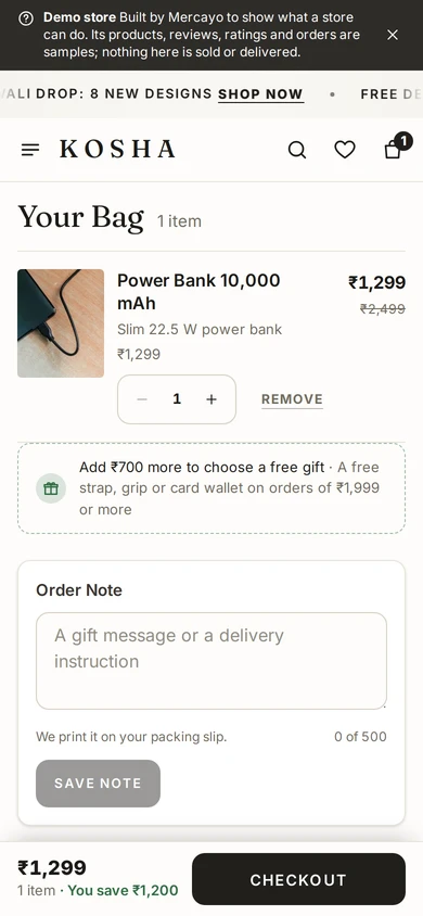 The full bag page on a phone, on Kosha, a demo store on Mercayo.