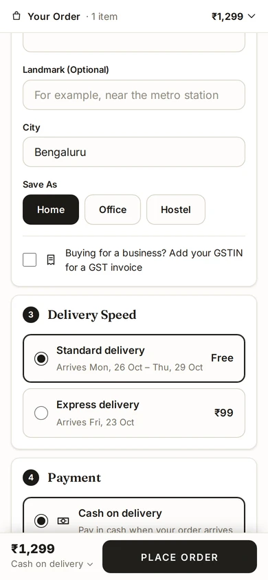 Standard and express delivery with their dates at checkout, on Kosha, a demo store on Mercayo.
