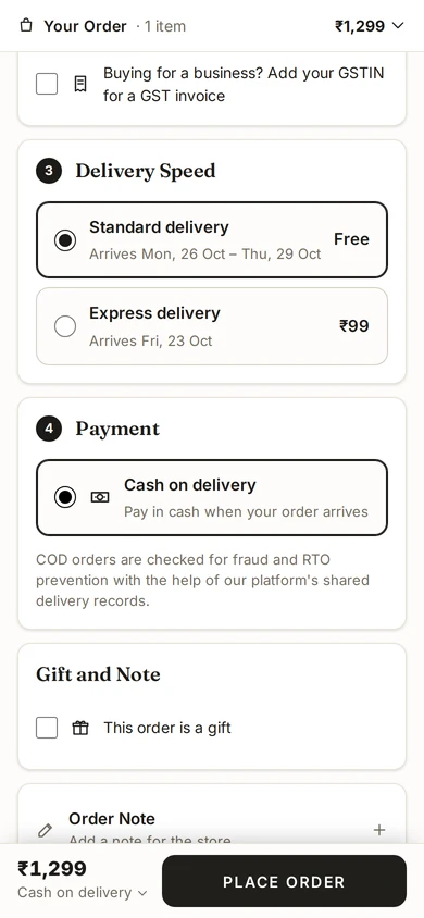 The ways to pay at checkout, with cash on delivery, on Kosha, a demo store on Mercayo.