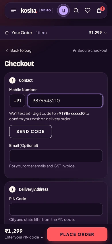 Checkout asks for the code under the mobile number, on Kosha, a demo store on Mercayo.