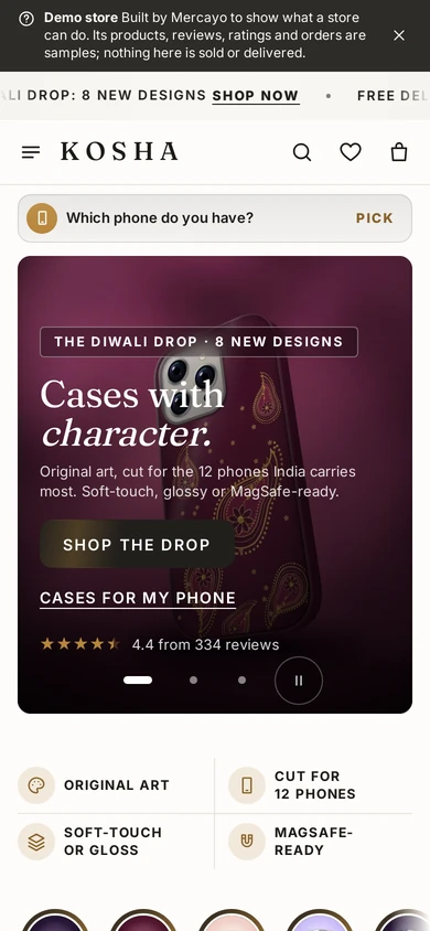 The announcement bar above the header on a phone, on Kosha, a demo store on Mercayo.
