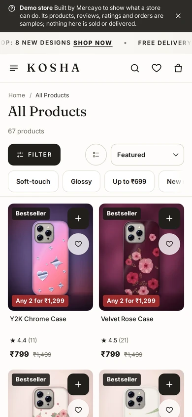 A product list with its filter row on a phone, on Kosha, a demo store on Mercayo.