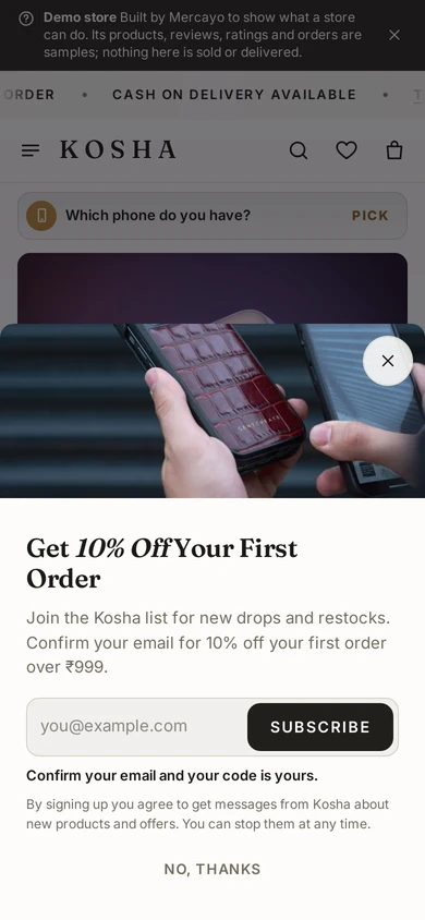 The sign-up popup as a sheet on a phone, on Kosha, a demo store on Mercayo.