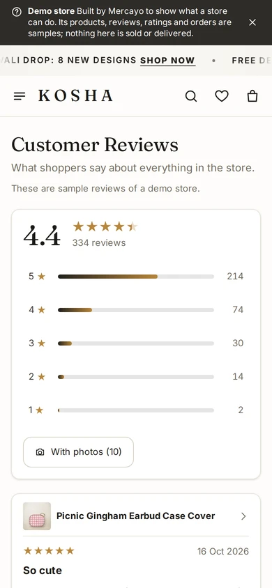 The reviews page, on Kosha, a demo store on Mercayo.