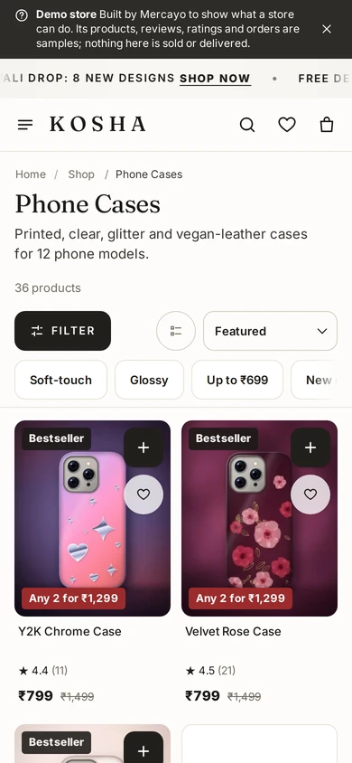 Offer labels on product cards in a category, on Kosha, a demo store on Mercayo.