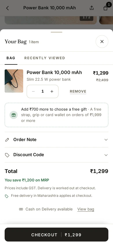 The bag drawer saying how much more unlocks a free gift, on Kosha, a demo store on Mercayo.