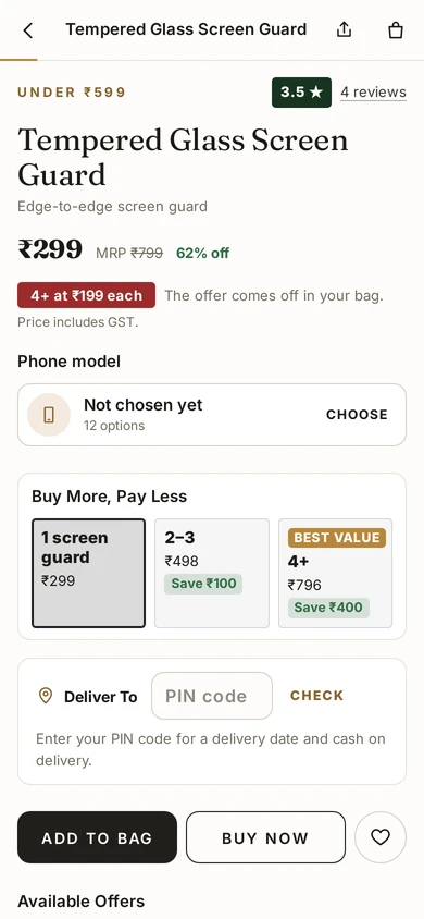 Buy More, Pay Less on a product page, with a price for each quantity range, on Kosha, a demo store on Mercayo.