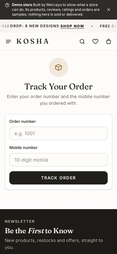The Track Your Order page, on Kosha, a demo store on Mercayo.