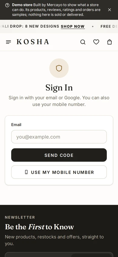 The sign-in page on a phone, with an email code and the mobile number, on Kosha, a demo store on Mercayo.