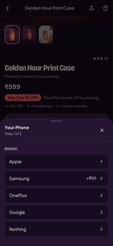 A printed case's page on a phone with the phone dropdown open as a sheet, brands first and Samsung at +₹50, on Kosha, a demo store on Mercayo.