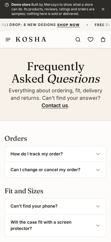 The FAQ page on a phone, with its question groups, on Kosha, a demo store on Mercayo.