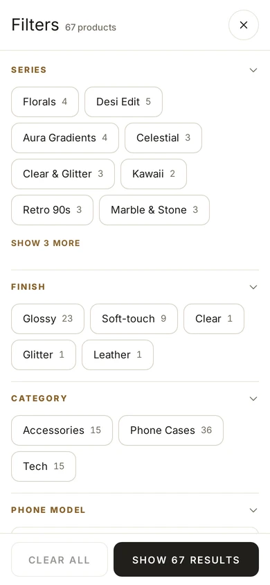 The FILTER sheet on a phone, with counts beside each choice, on Kosha, a demo store on Mercayo.