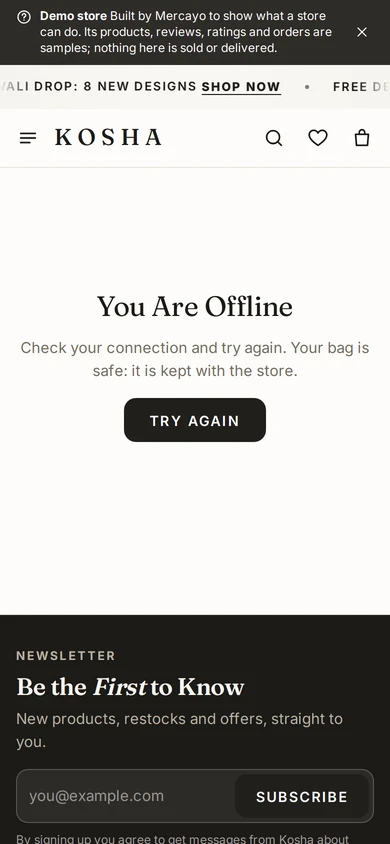 The page shoppers see when their connection drops, on Kosha, a demo store on Mercayo.