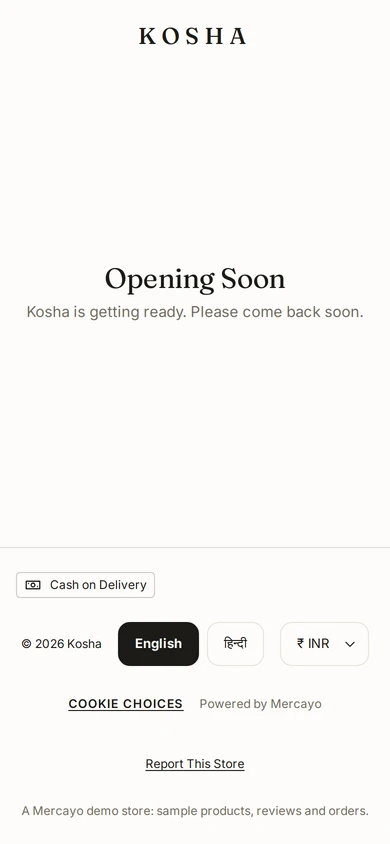 The opening-soon page on a phone, as visitors see it before a store launches, on Kosha, a demo store on Mercayo.