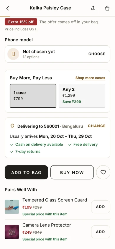 Delivery by PIN code on a product page, with a date and cash on delivery, on Kosha, a demo store on Mercayo.
