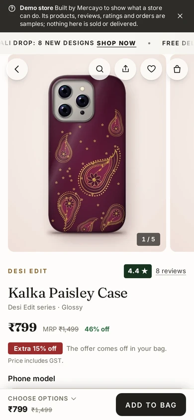 A product page on a phone, with round buttons over the photo, on Kosha, a demo store on Mercayo.