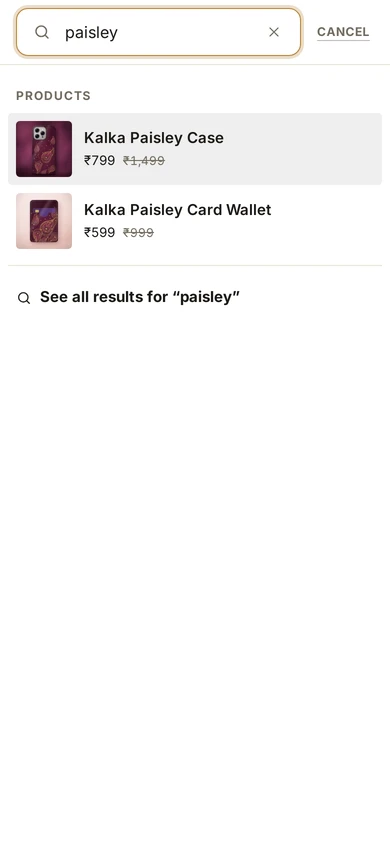 Search suggestions while a shopper types on a phone, on Kosha, a demo store on Mercayo.