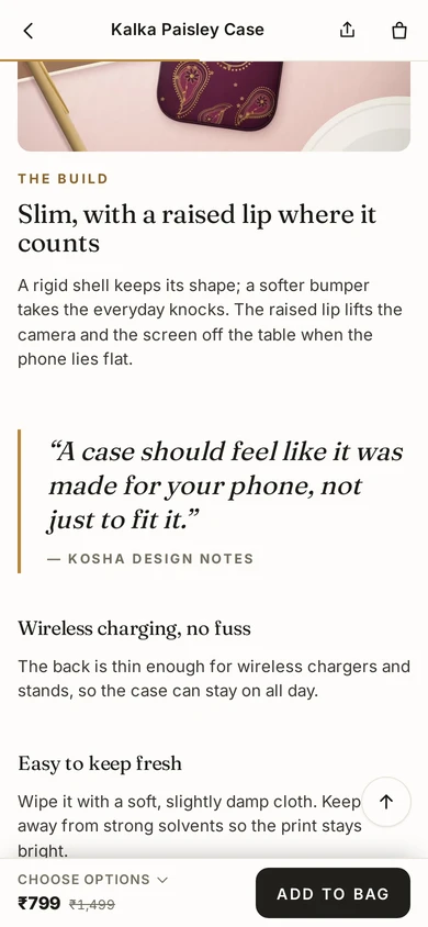A product story and its pull quote on a phone, on Kosha, a demo store on Mercayo.