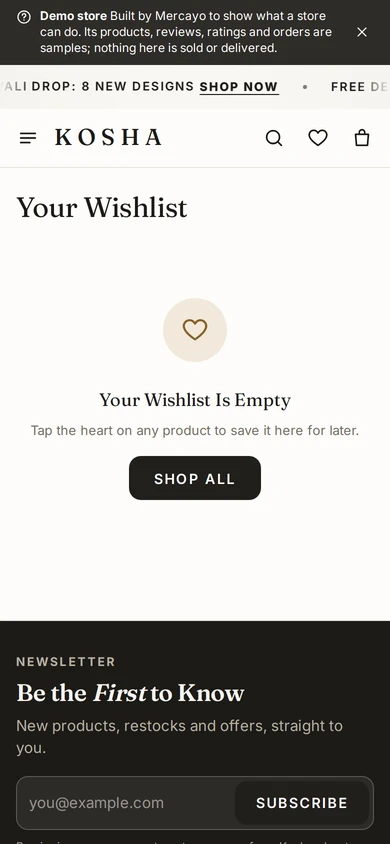 The wishlist page on a phone, before the shopper has saved anything, on Kosha, a demo store on Mercayo.