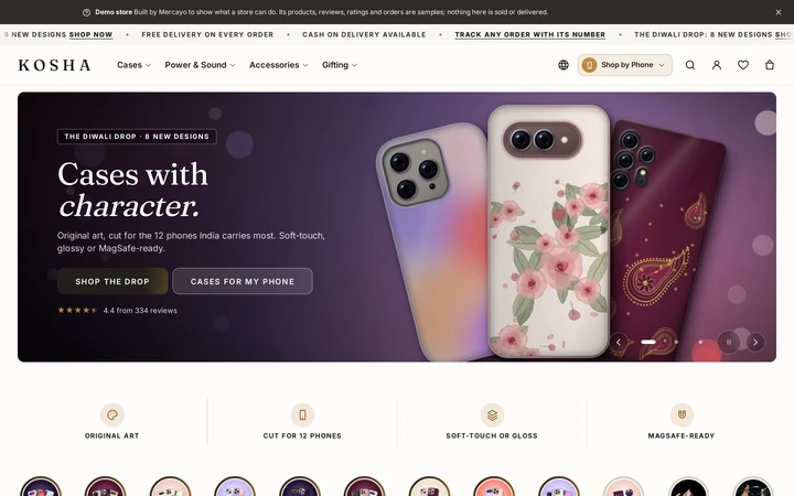 A home page made of a hero slider, store promises, product rows and a story, on Kosha, a demo store on Mercayo.