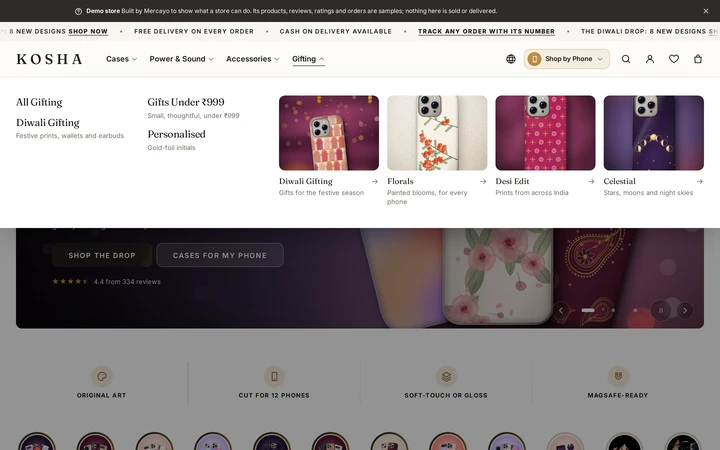 The Gifting mega menu panel with its links and four pictures, on Kosha, a demo store on Mercayo.