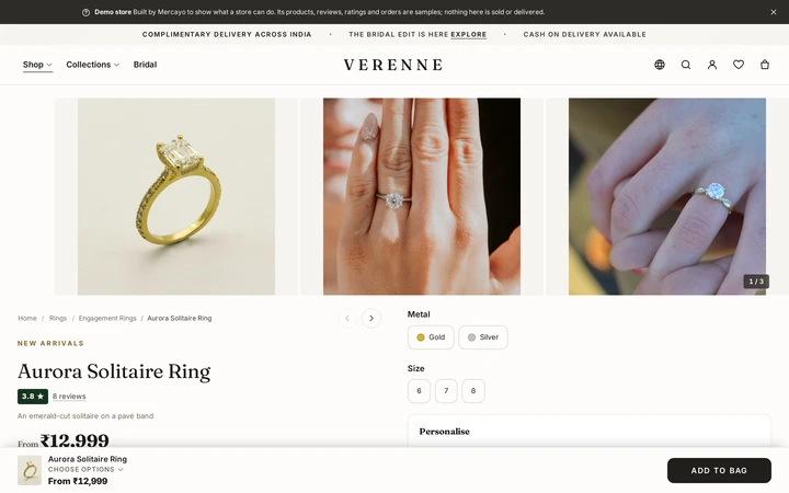 The Full Width product page layout, on Verenne, a demo store on Mercayo.