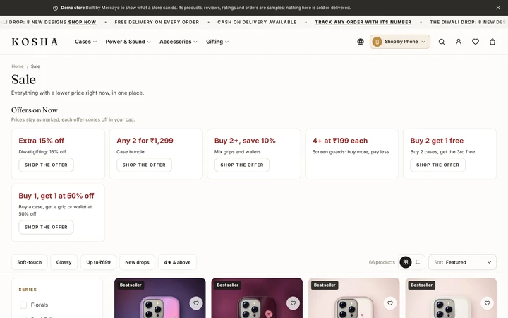 The sale page with its Offers on Now strip, on Kosha, a demo store on Mercayo.