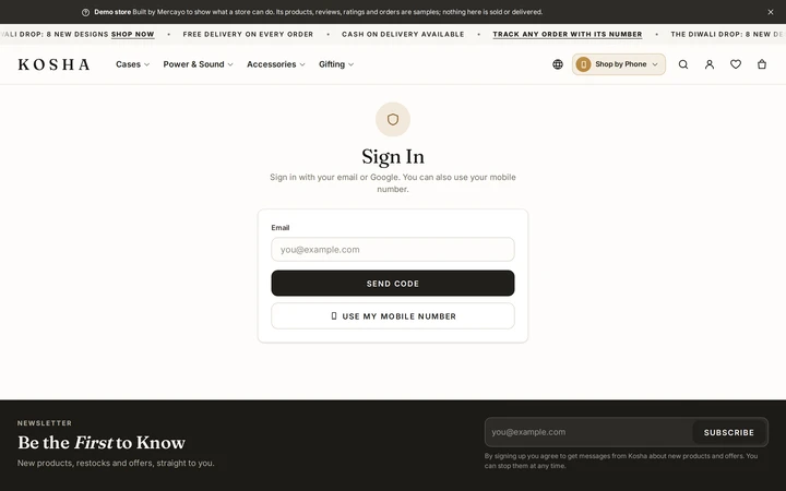 The sign-in page on a computer, on Kosha, a demo store on Mercayo.