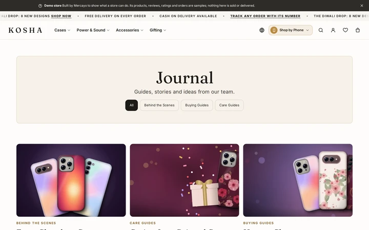 The blog on a computer, newest post first, on Kosha, a demo store on Mercayo.