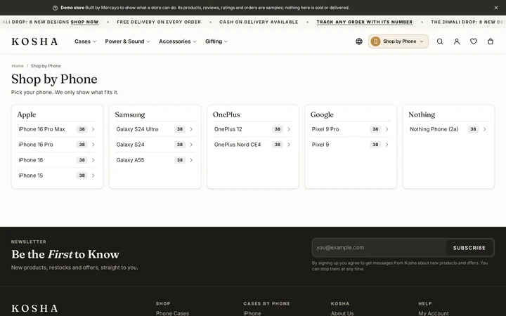 The Shop by Phone page with brands and models, on Kosha, a demo store on Mercayo.