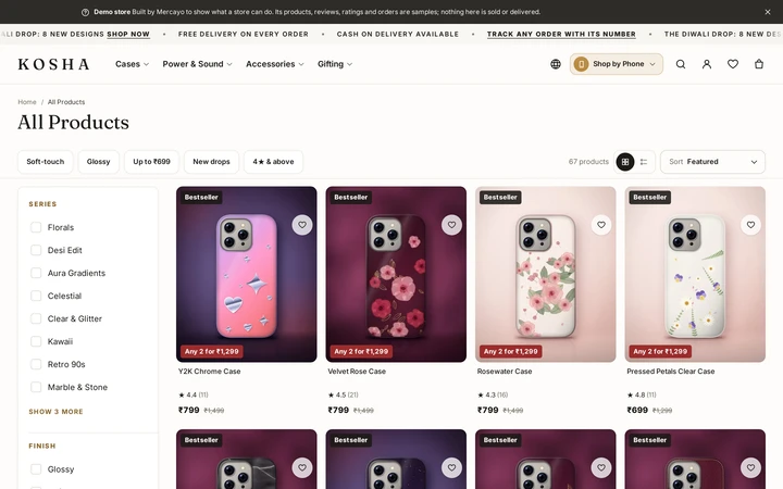 A product list with filters beside the products, on Kosha, a demo store on Mercayo.