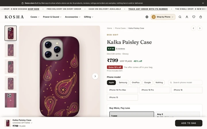 A product page on a computer, with its photos, options and buttons, on Kosha, a demo store on Mercayo.