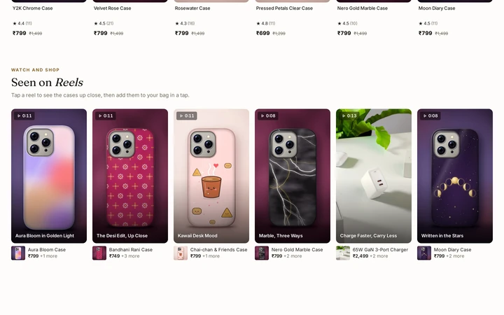 A row of shoppable reels on the home page, with the product under each, on Kosha, a demo store on Mercayo.