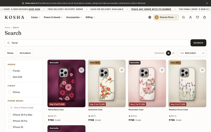 Search results with filters and sorting on a computer, on Kosha, a demo store on Mercayo.