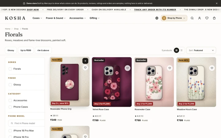 Product cards with the wishlist heart, on Kosha, a demo store on Mercayo.