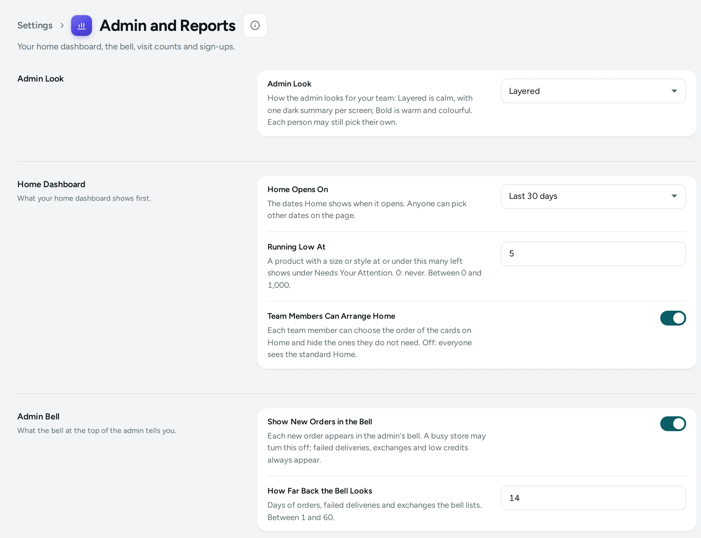 Settings › Admin and Reports