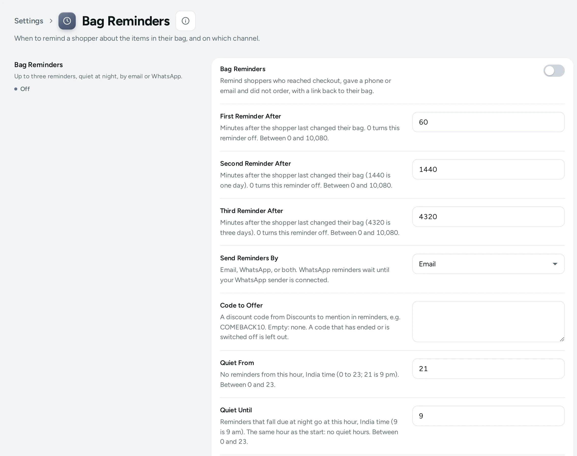 Settings › Bag Reminders