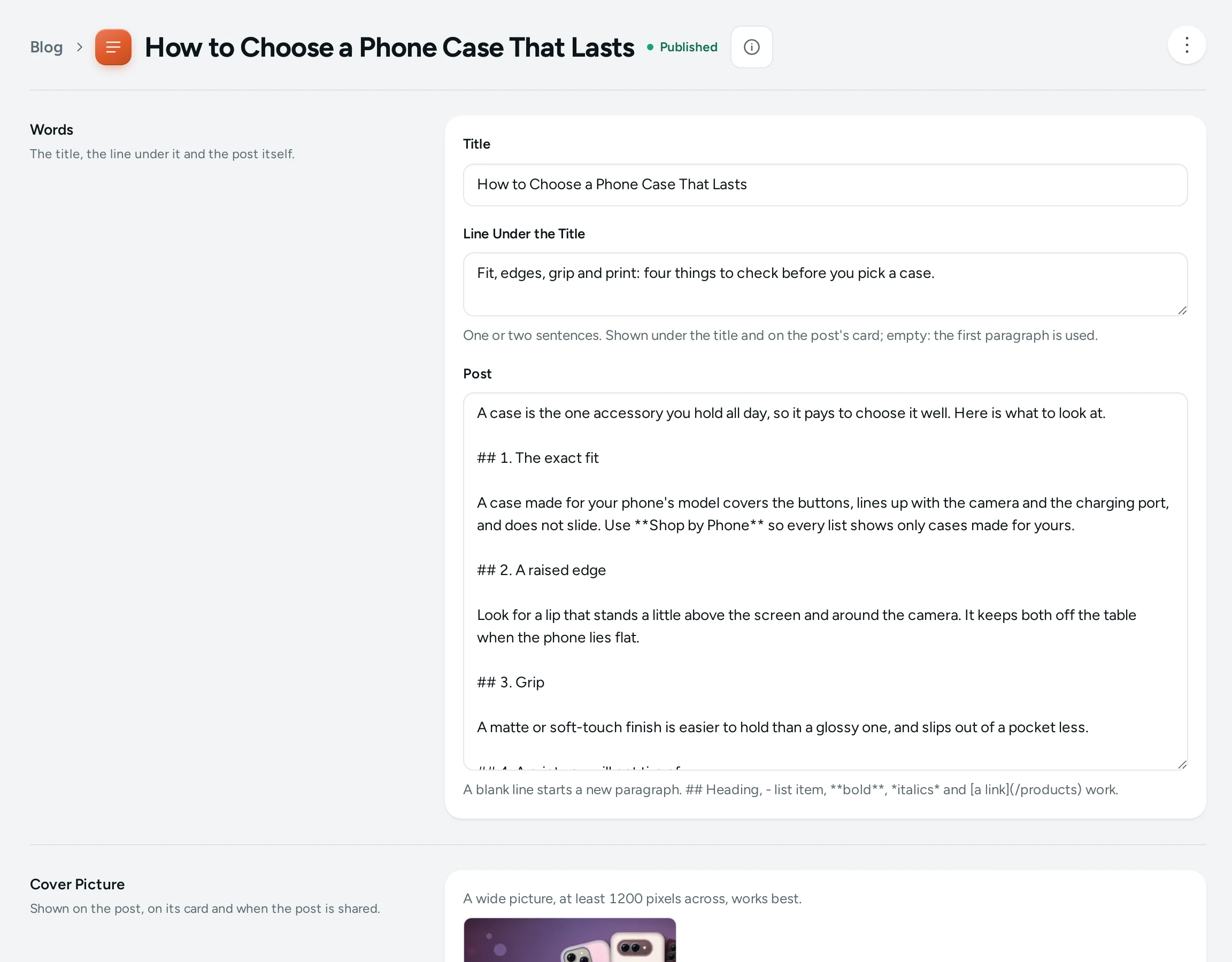 A blog post open for editing: words, cover picture, status and topics, address and search engines