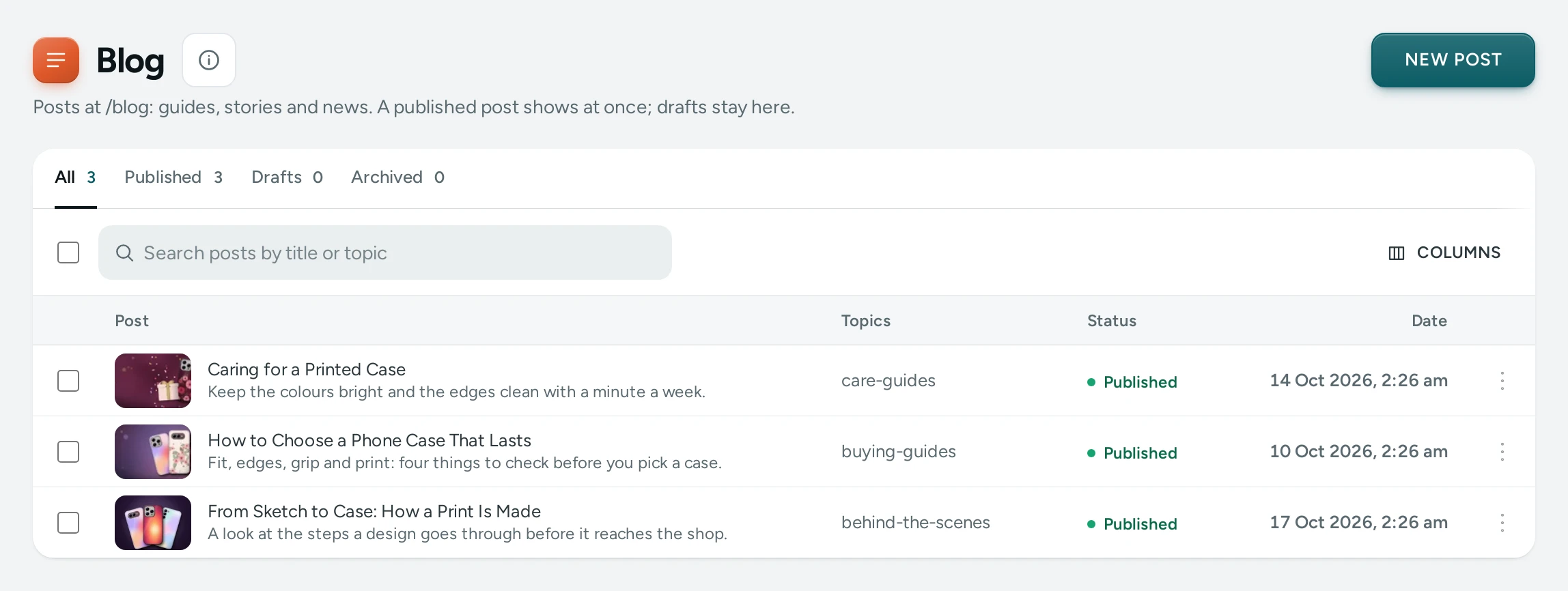 The Blog screen on the Kosha demo store: posts with their status, topics and date