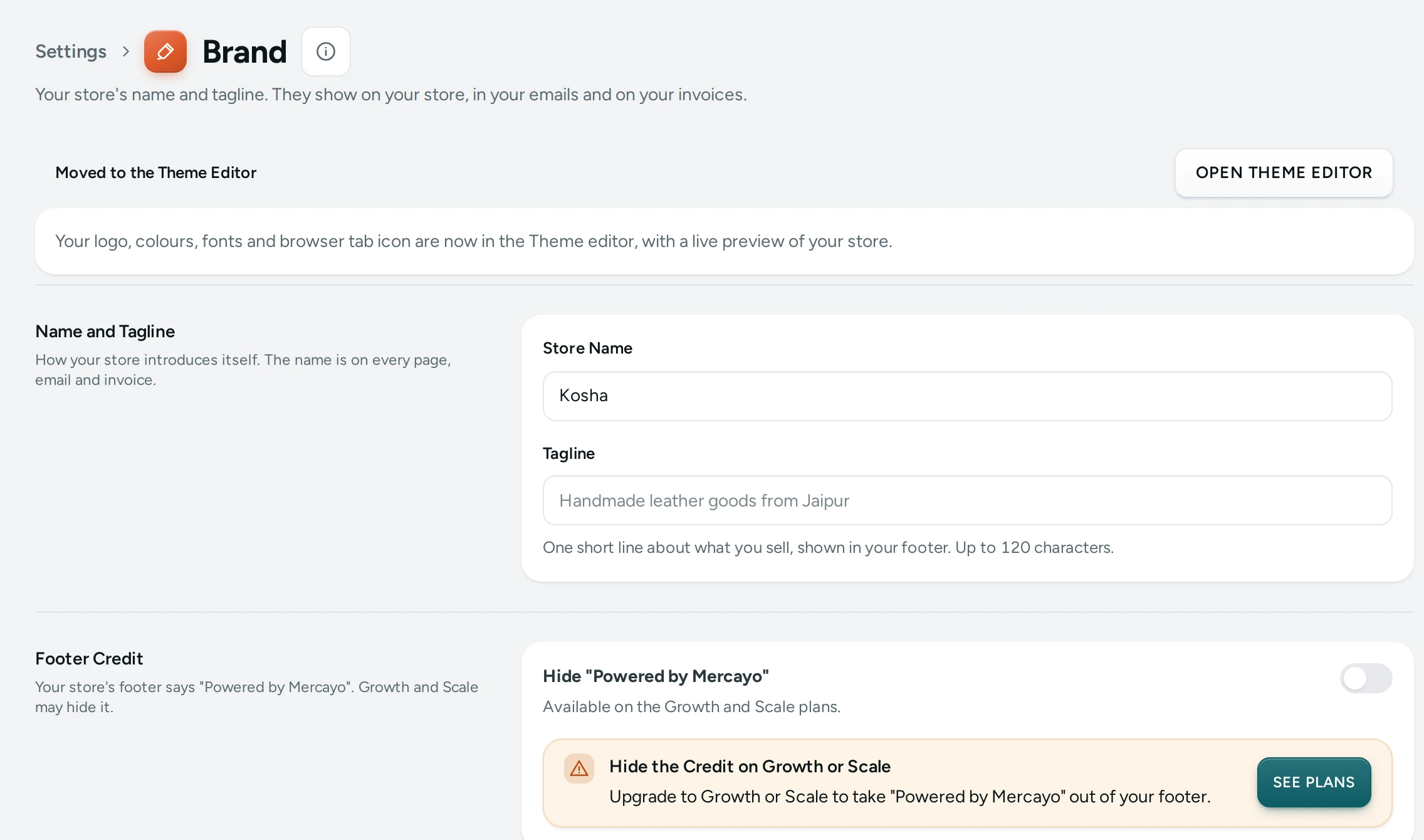 The Brand screen on the Kosha demo store