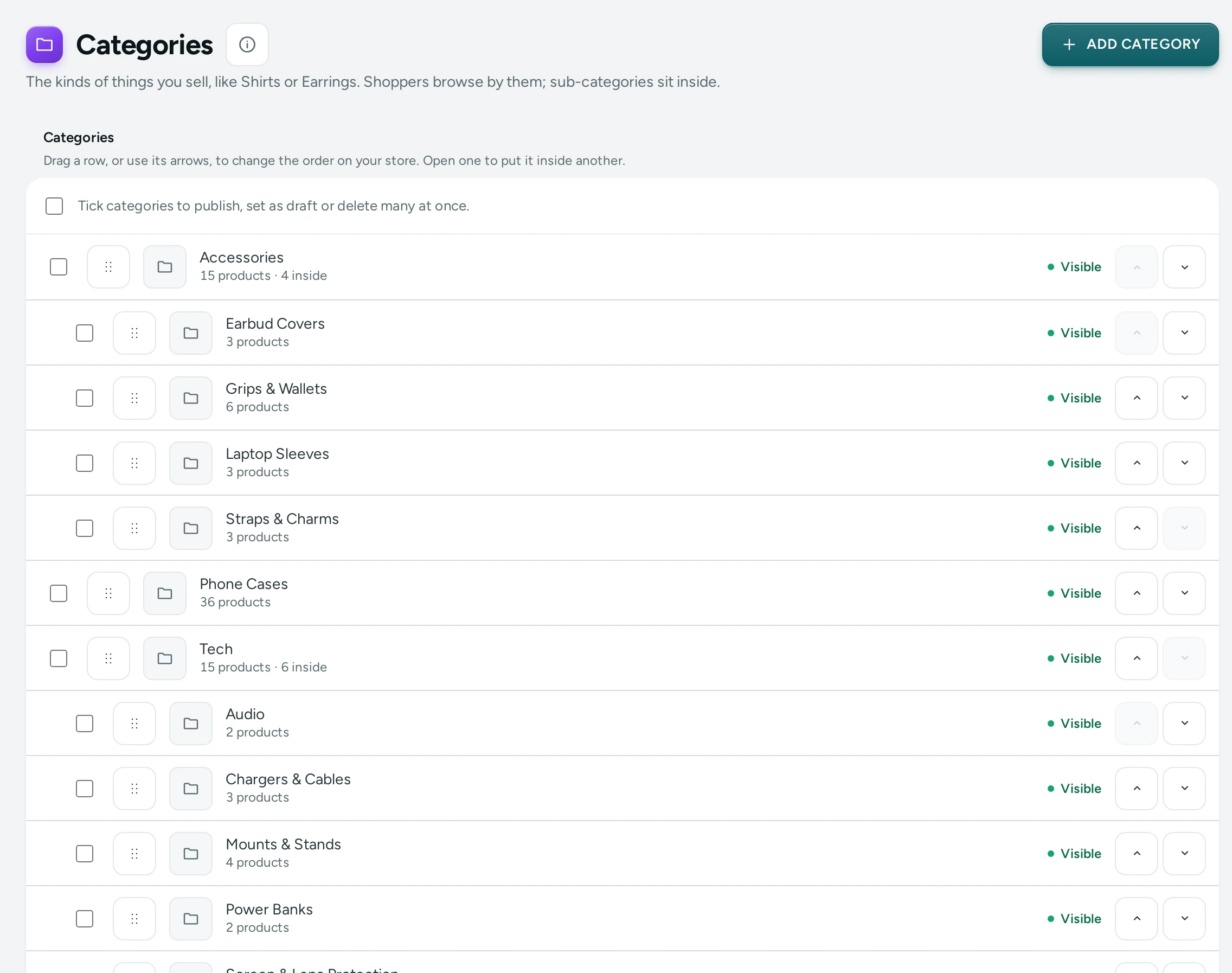 The category tree on the Kosha demo store